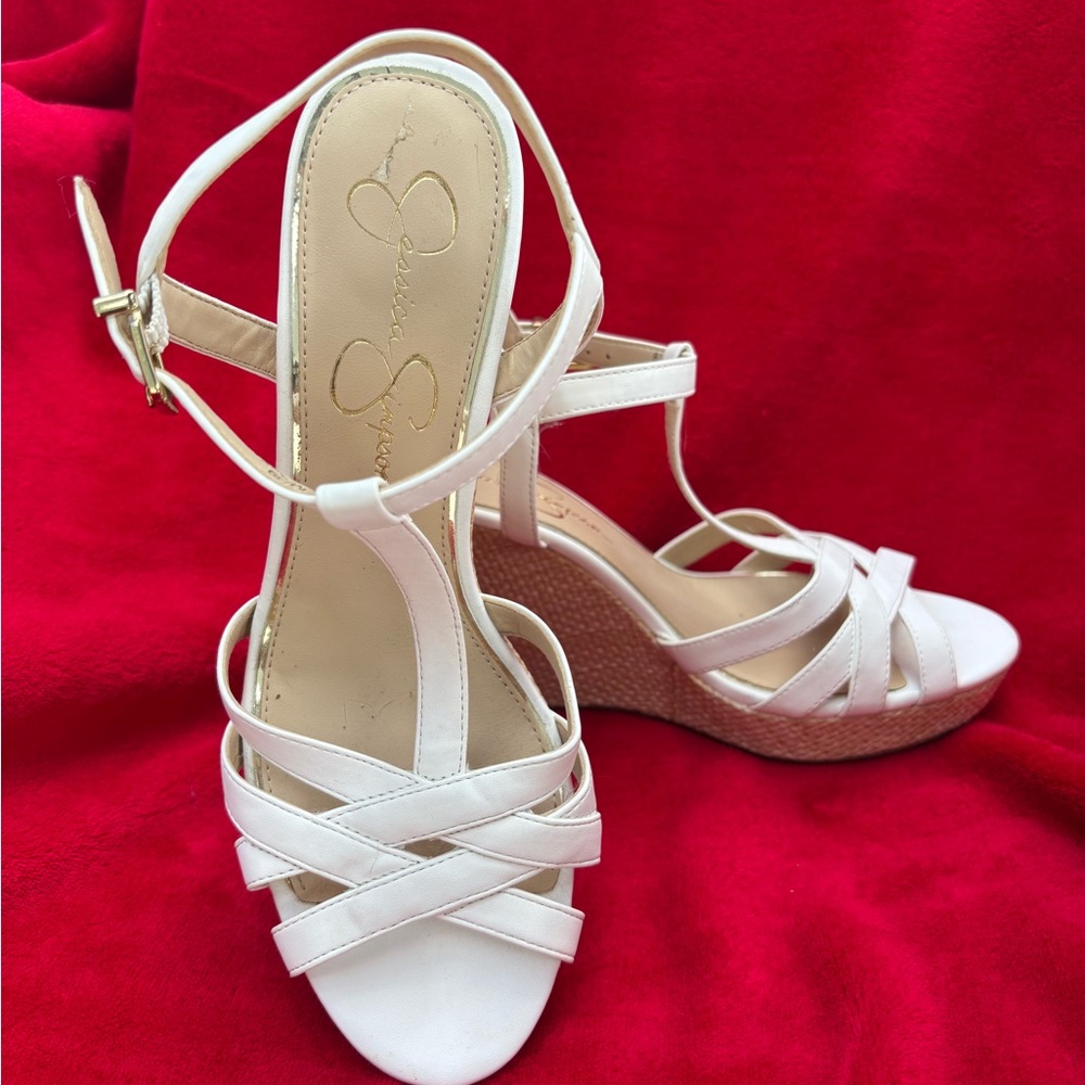 Jessica Simpson White and Tan Wedge Sandals